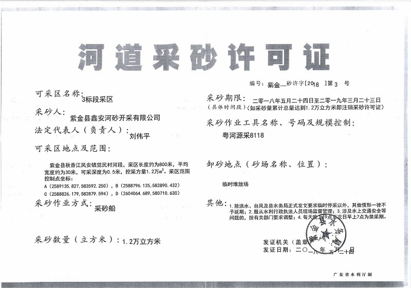 2018年河道采砂许可证